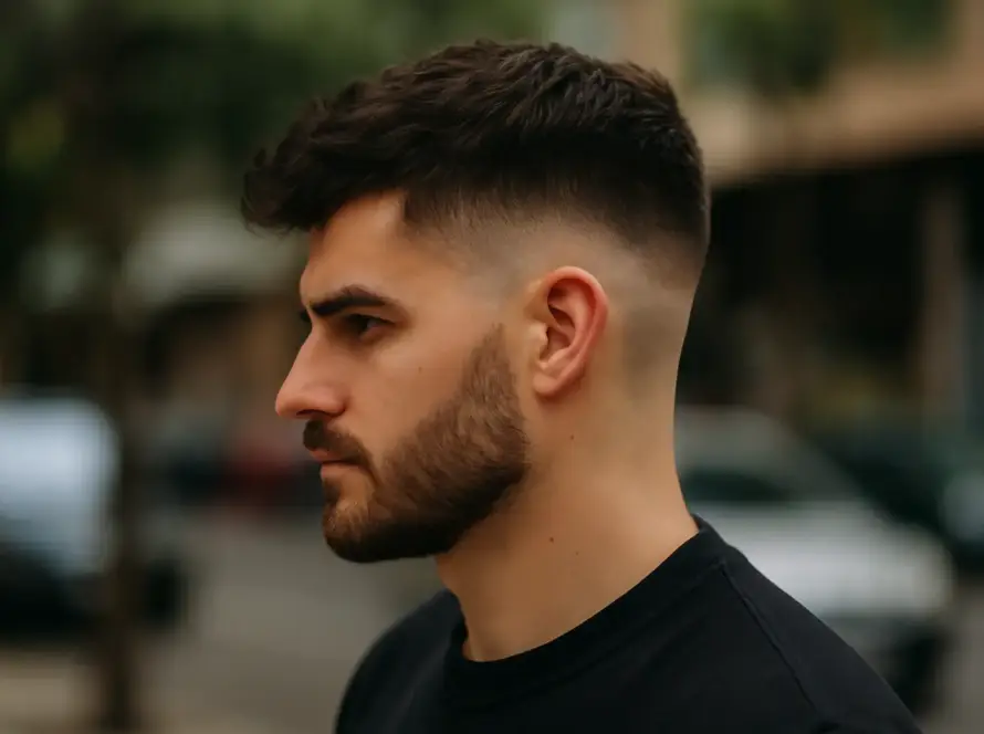 Corte taper fade moderno en hombre con barba, estilo profesional y degradado limpio