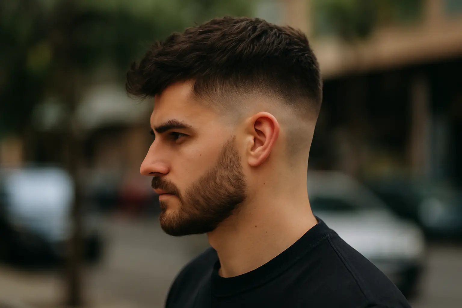 Corte taper fade moderno en hombre con barba, estilo profesional y degradado limpio