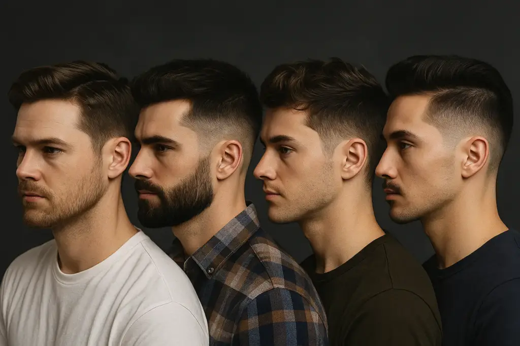 Tipos de corte taper fade en hombres: low, mid, high y burst fade en vista lateral