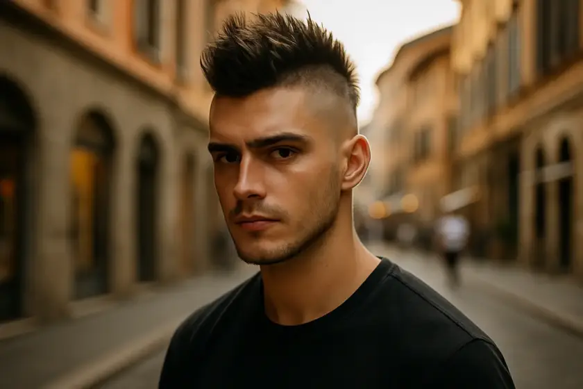 Hombre con corte mohicano moderno en entorno urbano, estilo actual y definido.