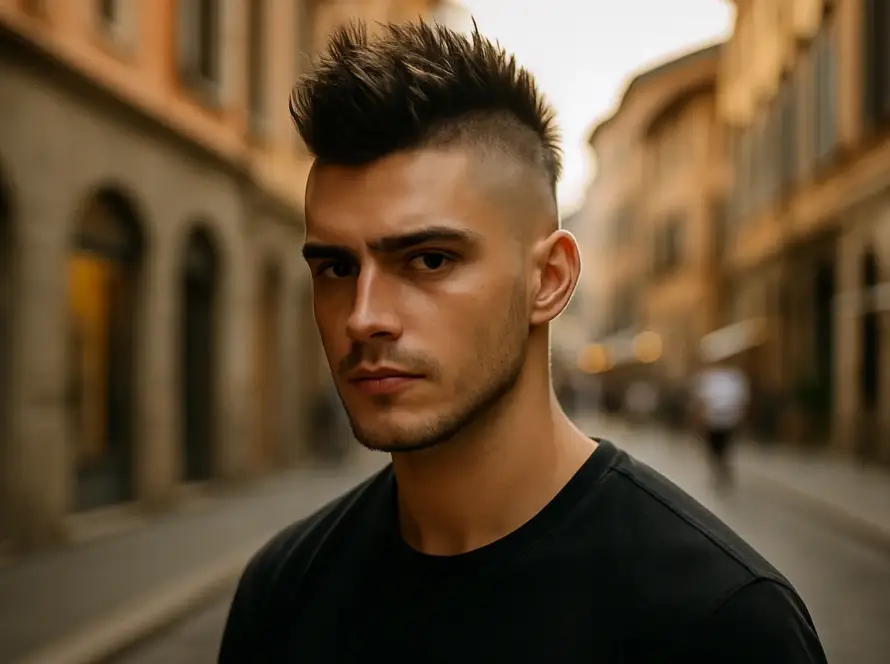 Hombre con corte mohicano moderno en entorno urbano, estilo actual y definido.