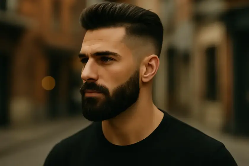 Primer plano de un hombre con barba italiana perfectamente perfilada y peinado moderno, sobre fondo urbano desenfocado