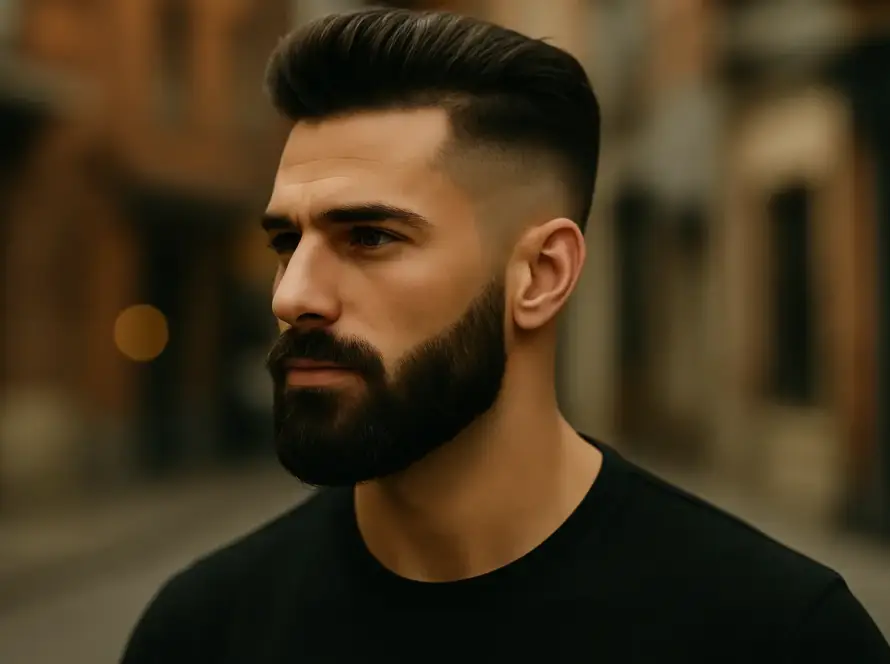Primer plano de un hombre con barba italiana perfectamente perfilada y peinado moderno, sobre fondo urbano desenfocado
