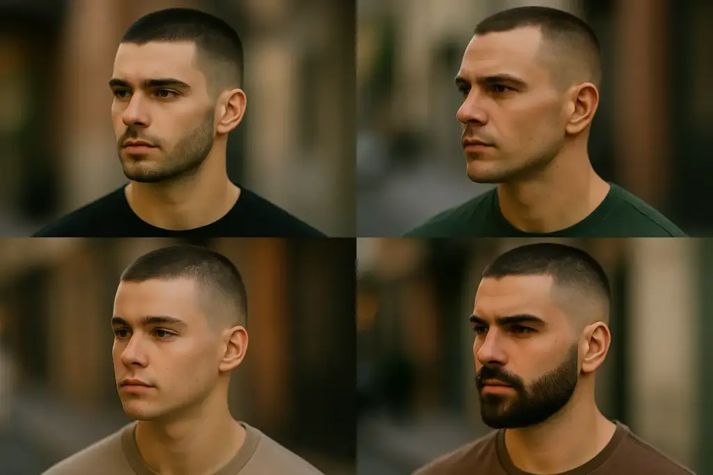 Variantes del corte buzz cut en hombres con diferentes estilos y tipos de cabello.