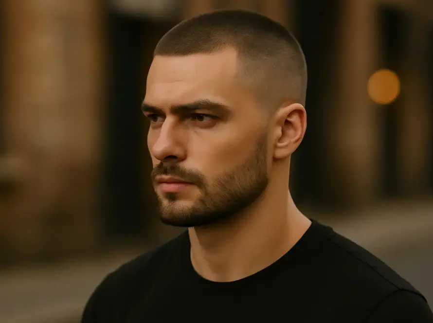 Retrato de hombre con corte de pelo buzz cut moderno, estilo limpio y masculino.