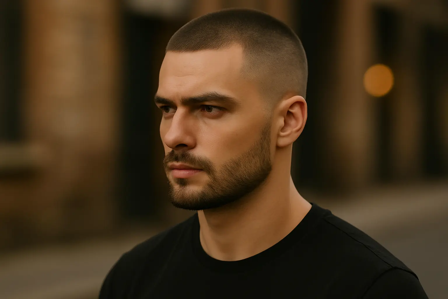 Retrato de hombre con corte de pelo buzz cut moderno, estilo limpio y masculino.