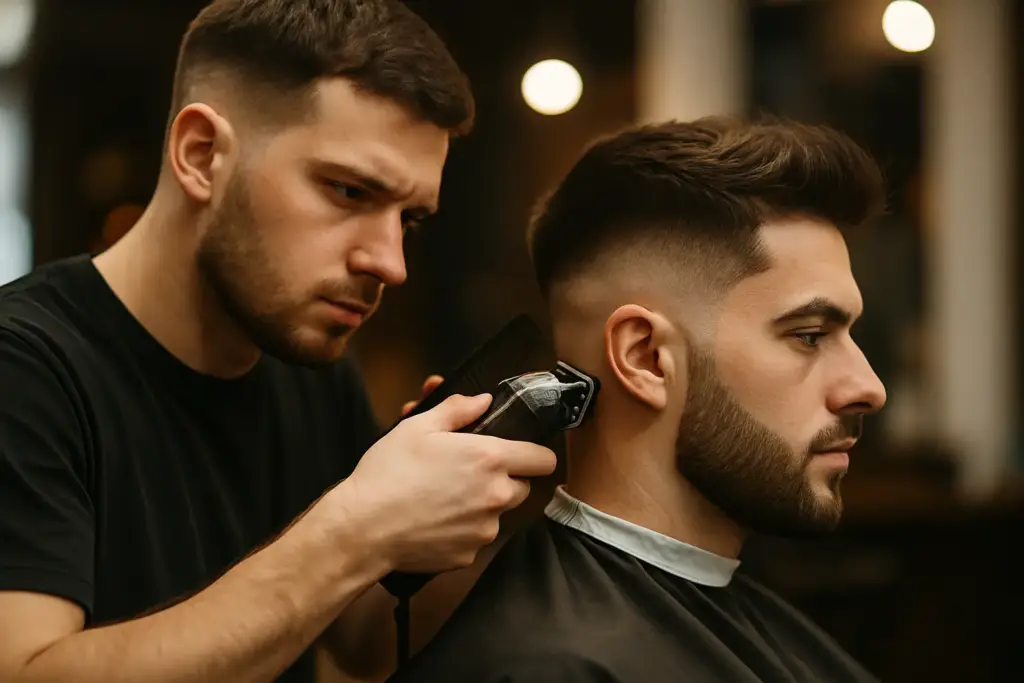 Barbero realizando un corte con precisión en cliente masculino