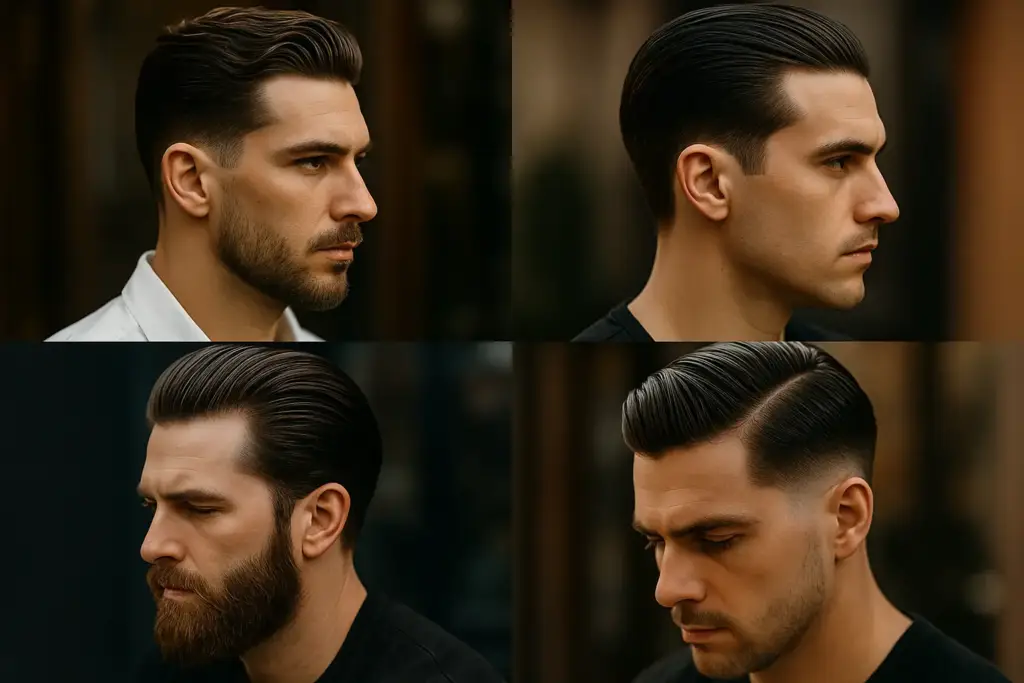 Collage de cortes de pelo slick back para hombre con estilos modernos y acabados pulidos.