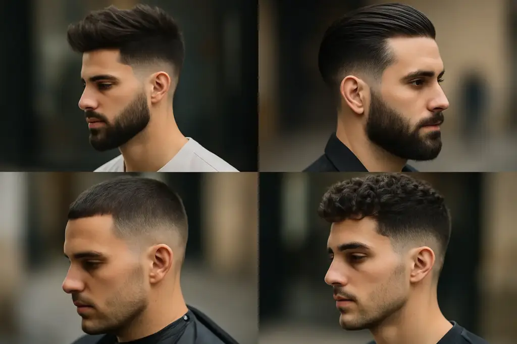 Collage con los cortes degradados para hombre más actuales: low fade, mid fade, high fade y skin fade.