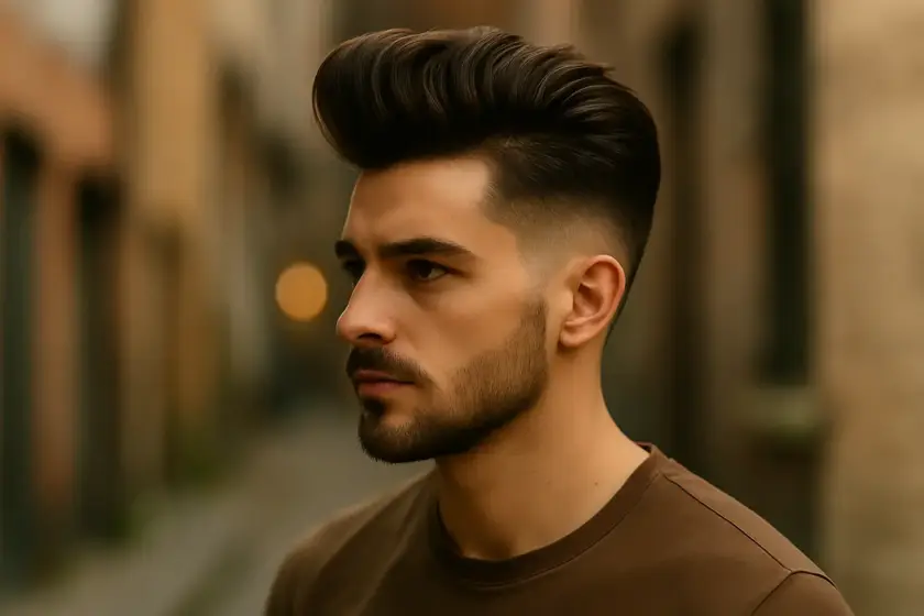 Retrato de hombre con peinado pompadour moderno y fade bajo, estilo 2025