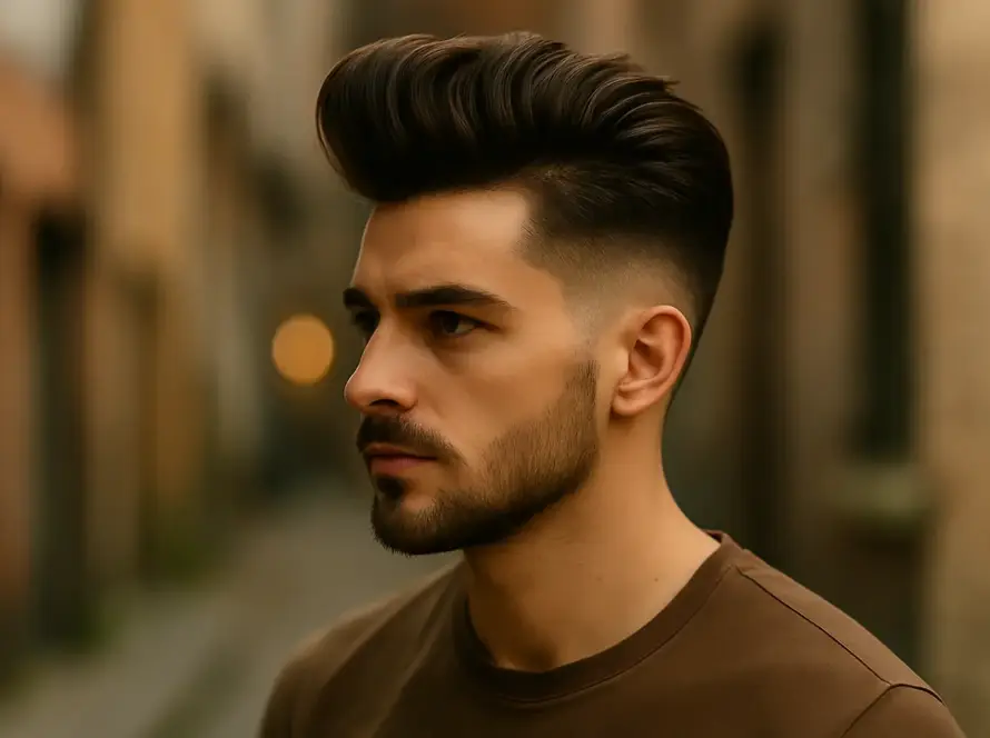 Retrato de hombre con peinado pompadour moderno y fade bajo, estilo 2025