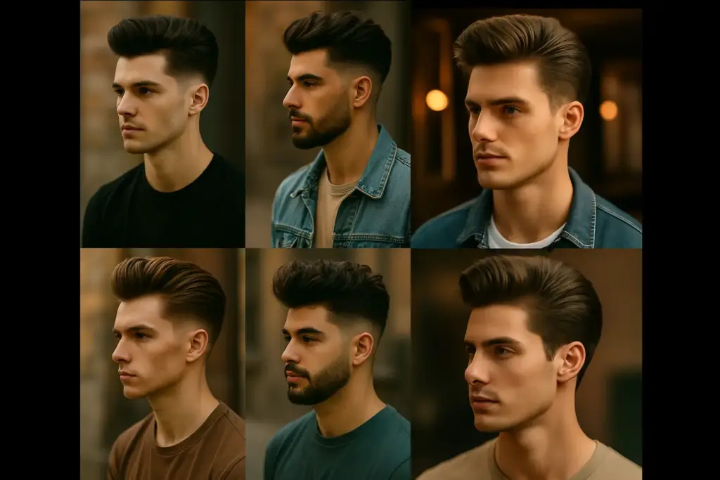 Collage de diferentes estilos de corte de pelo pompadour moderno para hombre con variaciones en volumen, textura y peinado.