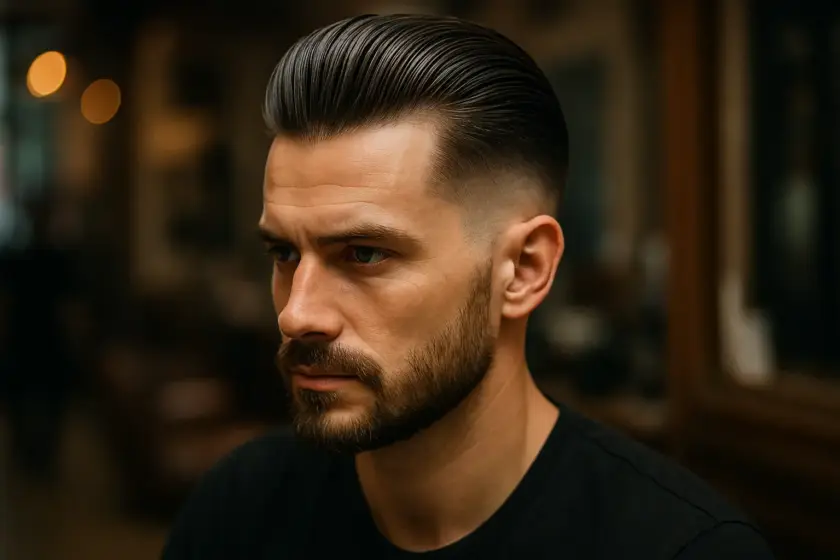 Hombre con corte de pelo slick back moderno y barba recortada