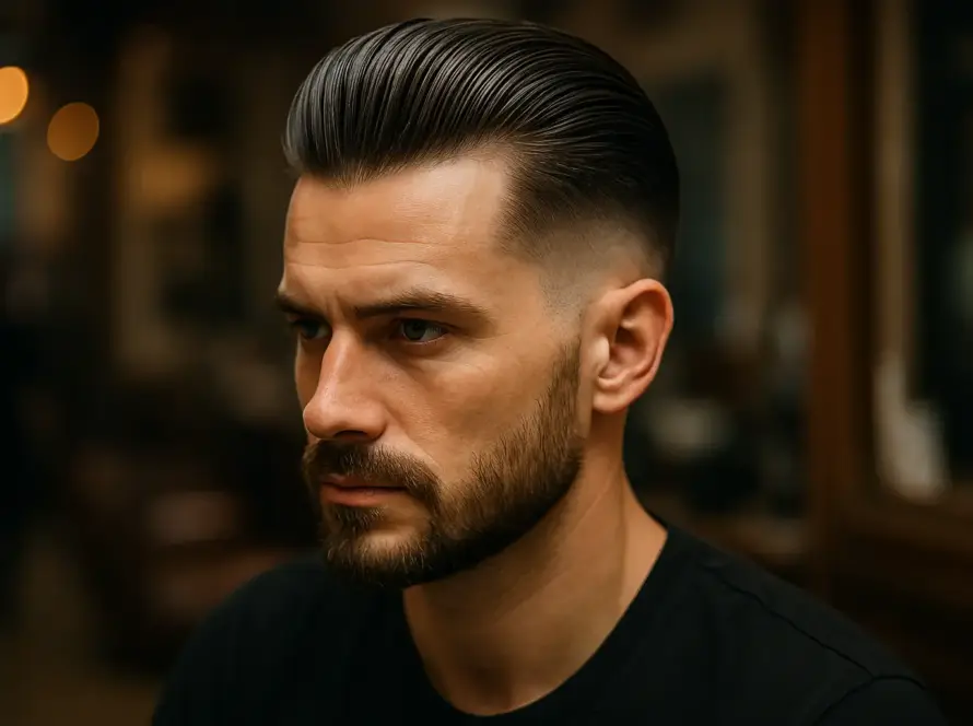 Hombre con corte de pelo slick back moderno y barba recortada