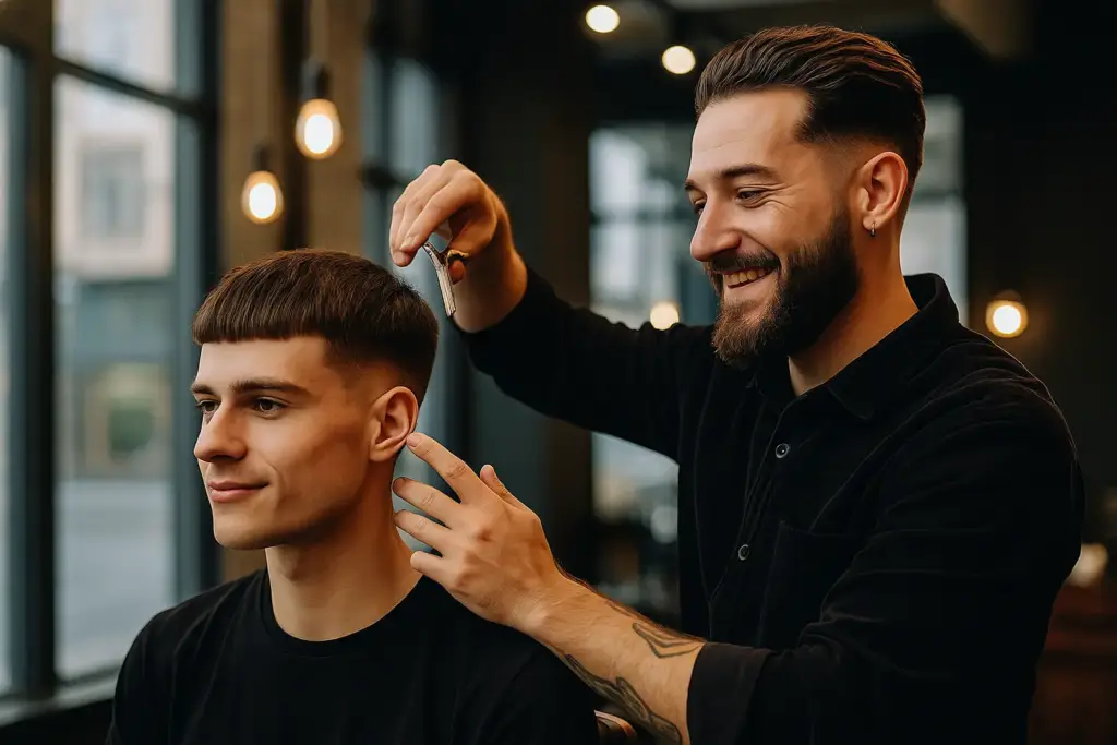 Barbero realizando un corte French Crop moderno en barbería contemporánea