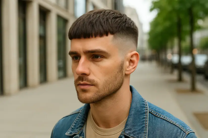 Hombre con corte French Crop moderno en entorno urbano luminoso