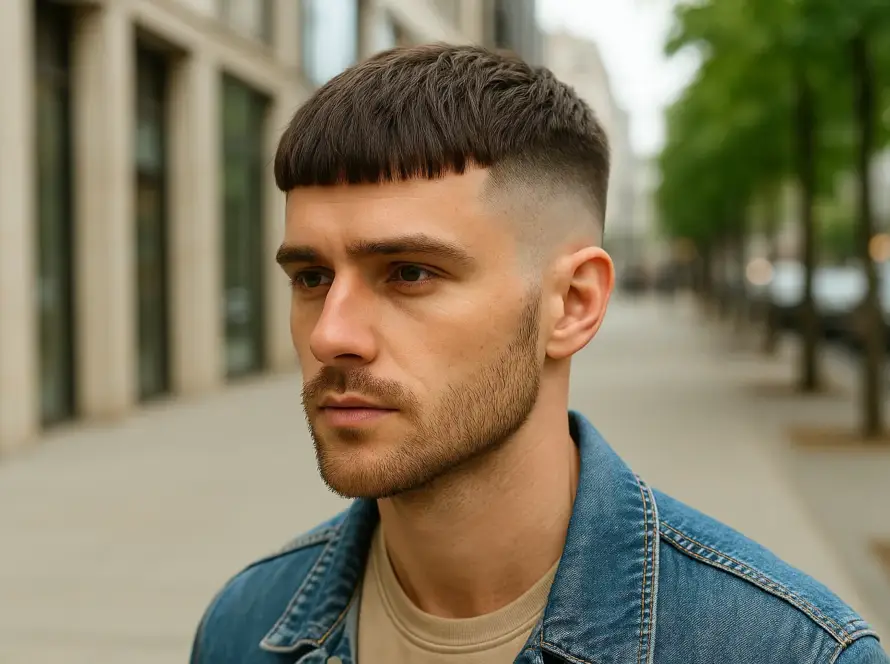 Hombre con corte French Crop moderno en entorno urbano luminoso