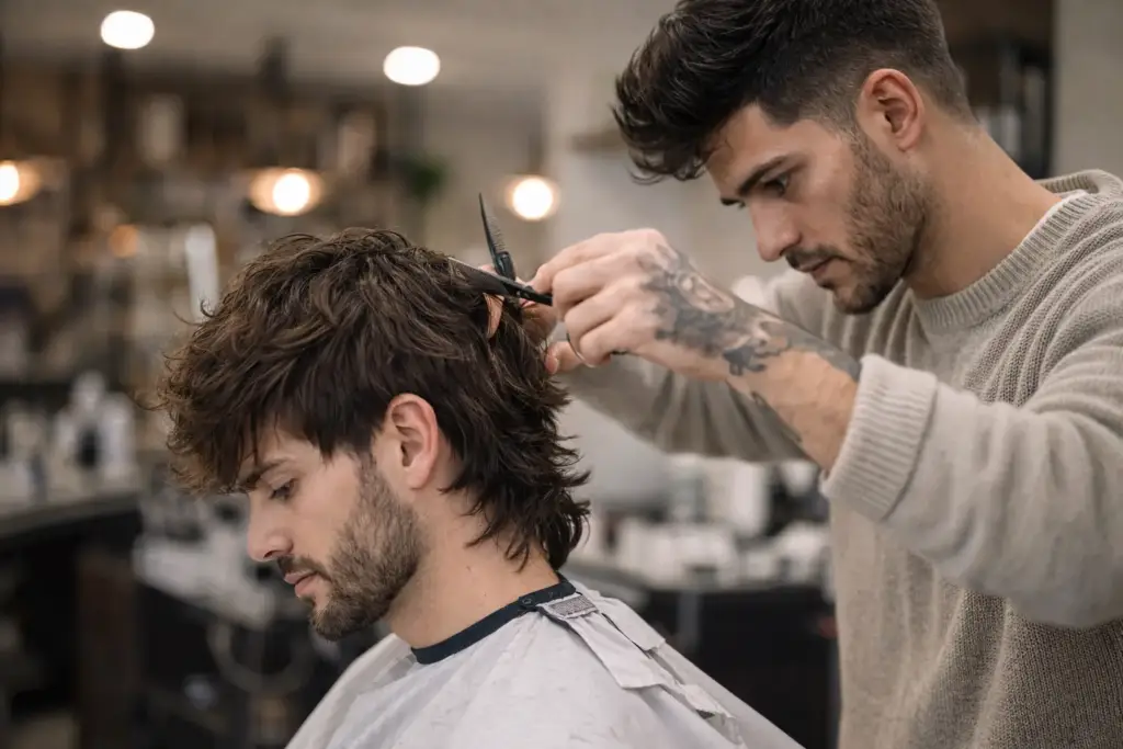 Barbero realizando un corte wolf cut masculino con técnica profesional