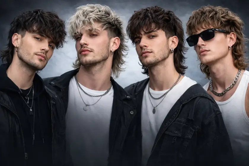 Wolf cut hombre moderno con diferentes estilos y longitudes, mostrando el corte tendencia masculina de 2026